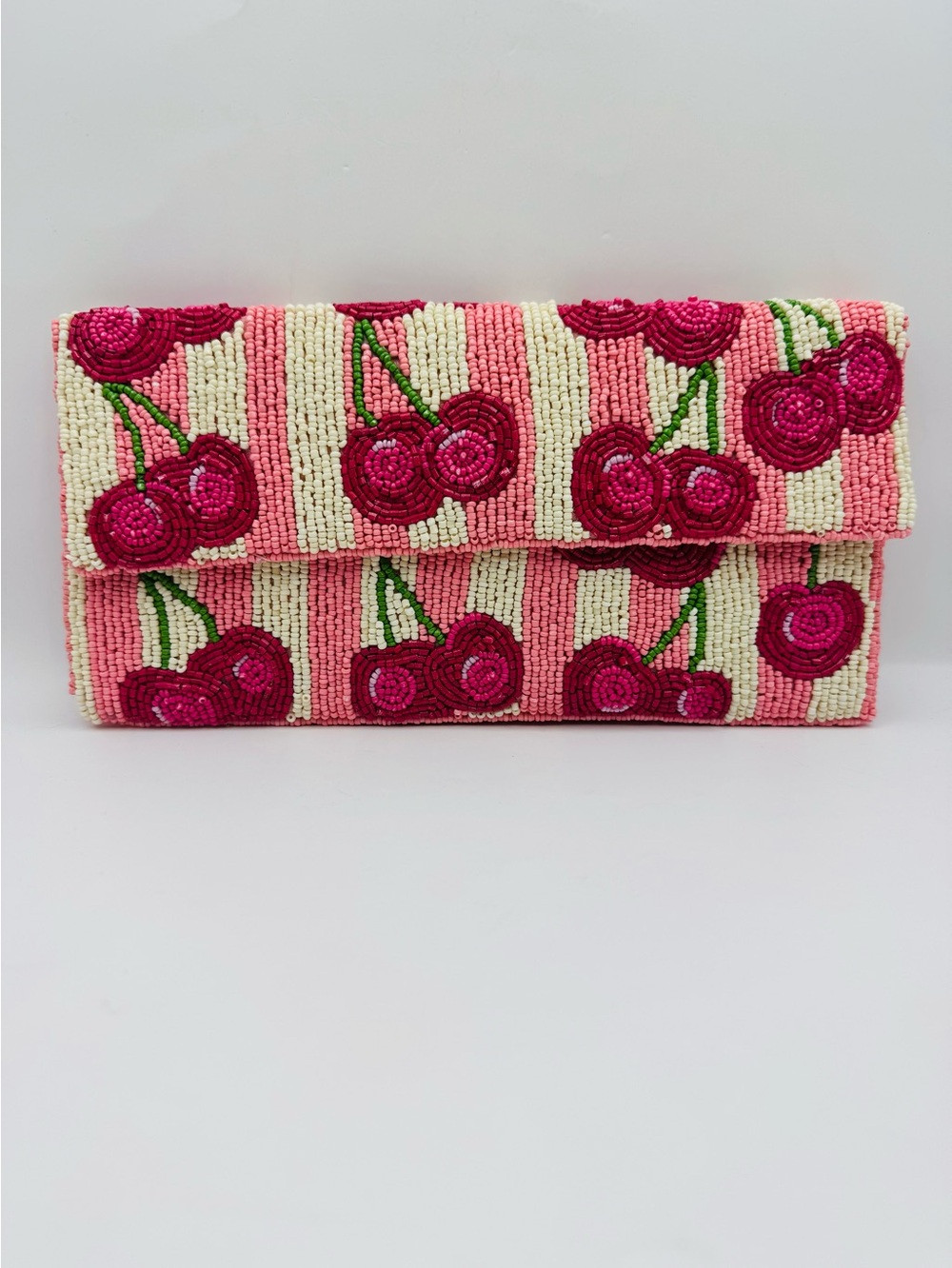 Sol and Mer Beaded Clutch Crossbody - Cherries and Pink & White Stripes